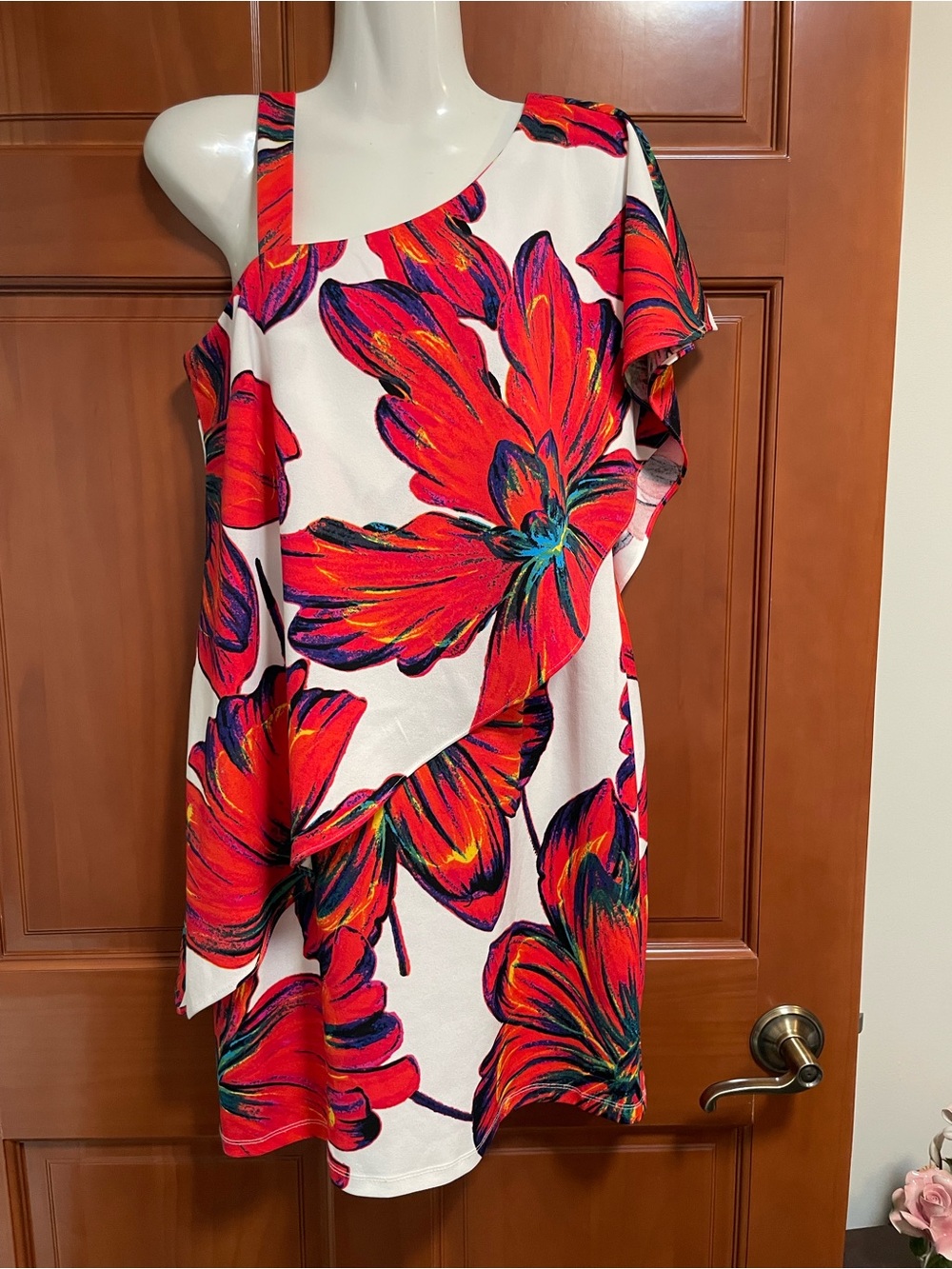 MSK One-Shoulder Floral Shift Dress in Red and White